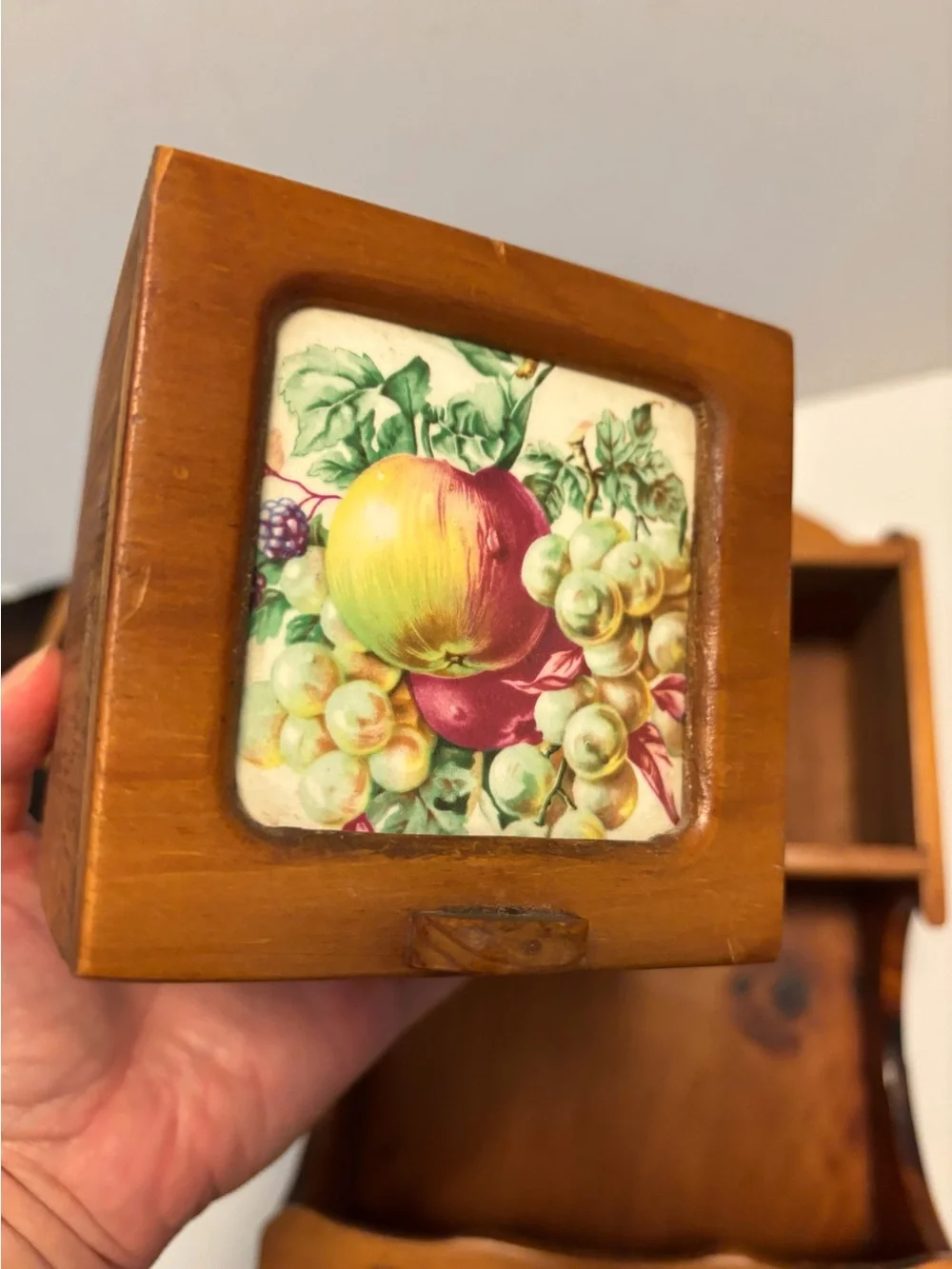 Vintage Wooden Spice Box/Apacathary-Inlay Fruit Tile Drawers-Wall Decor Storage